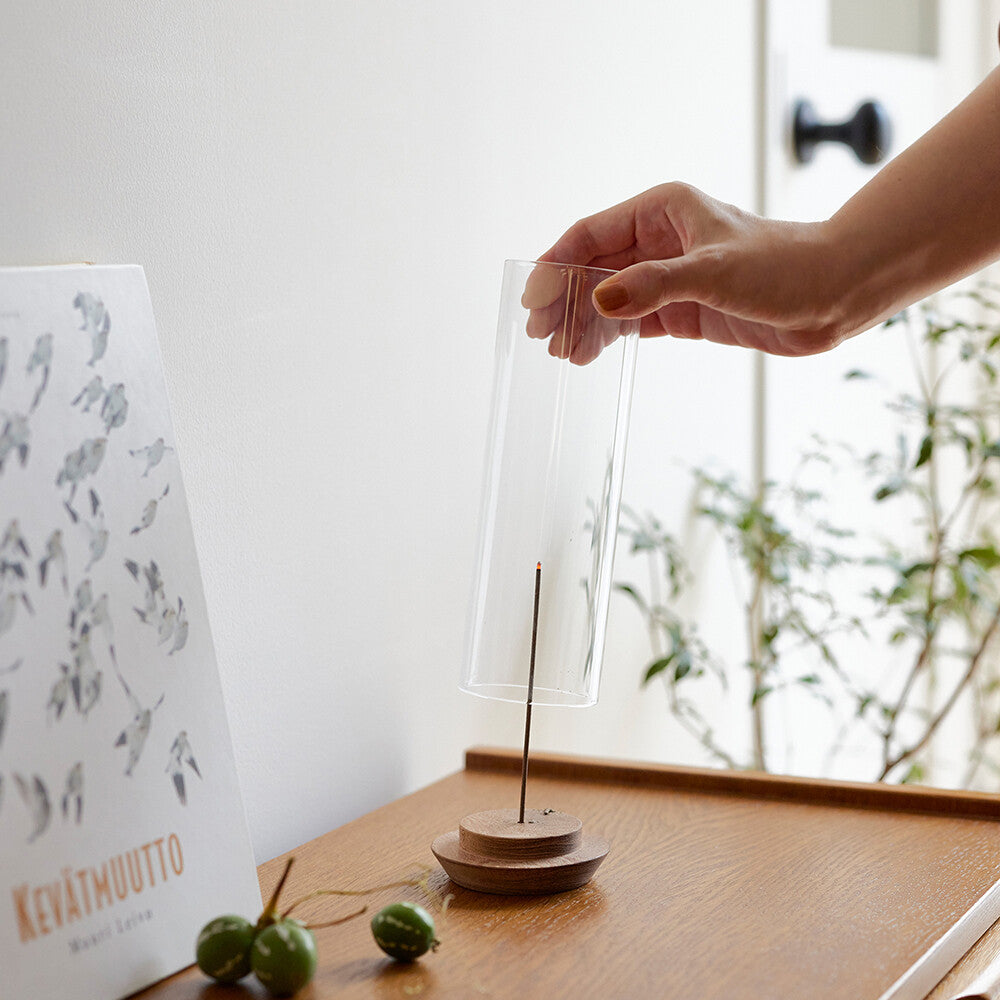 Glass & Acacia Incense Holder