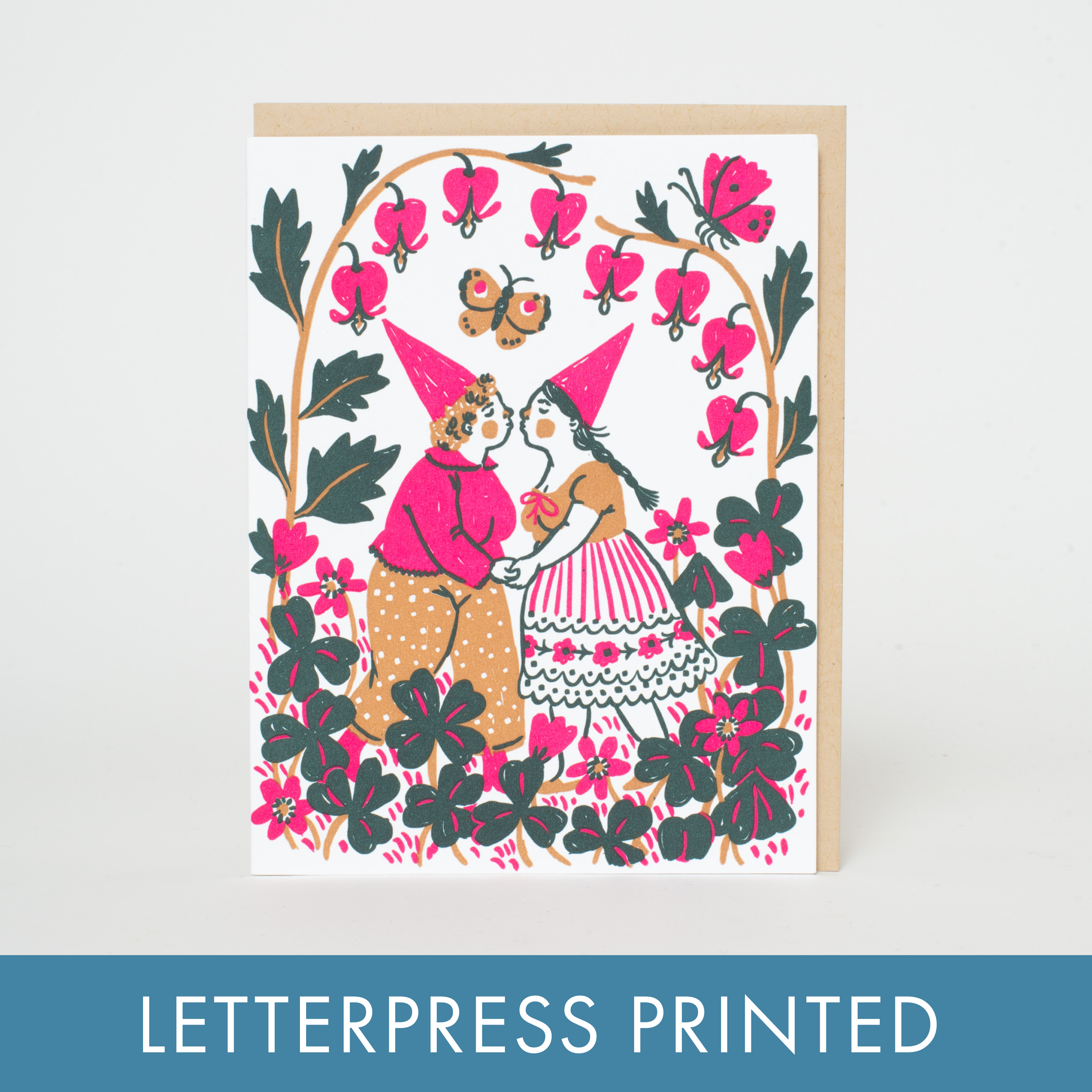 Kissing Butterflies Gnomes Letterpress Greeting Card by Phoebe Wahl