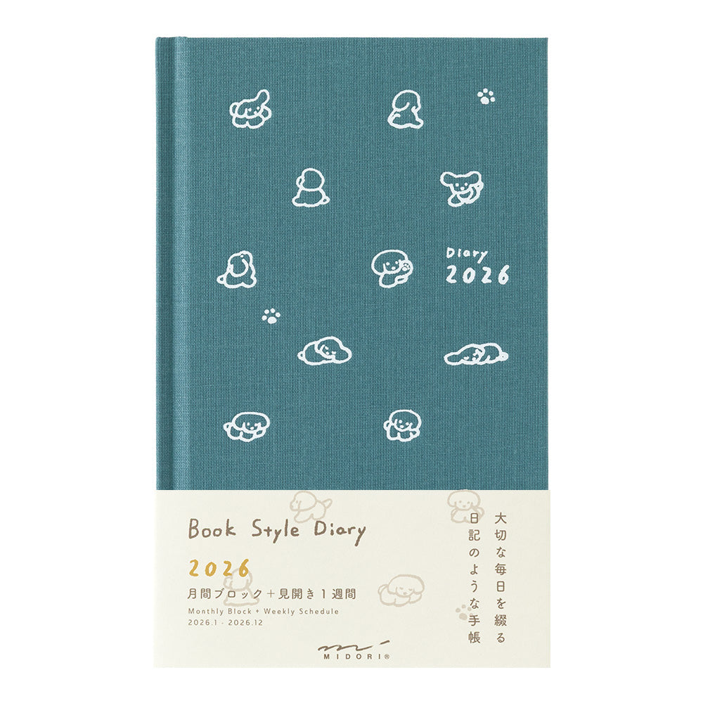 Midori Book Style Diary 2026 - Blue Green Dog
