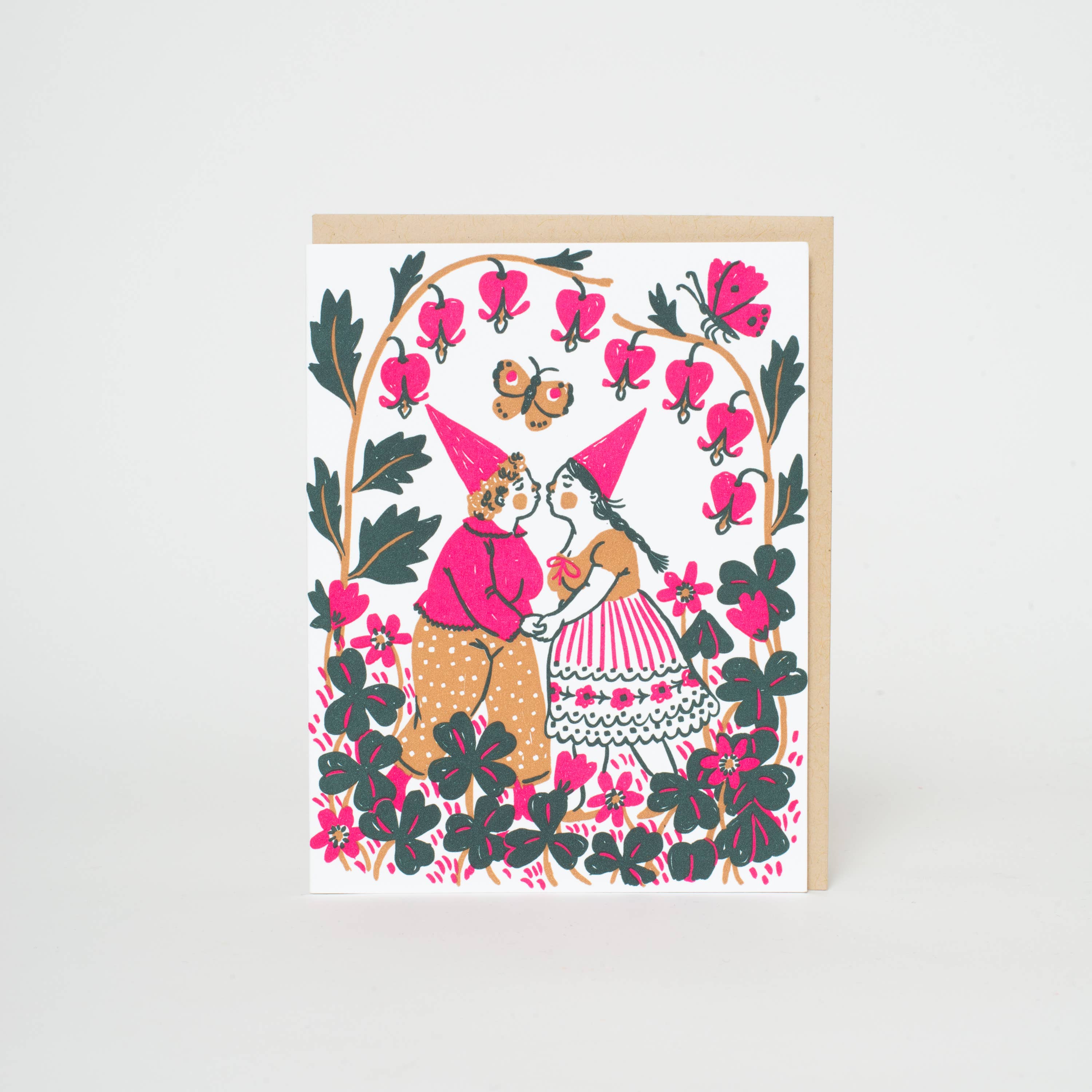 Kissing Butterflies Gnomes Letterpress Greeting Card by Phoebe Wahl