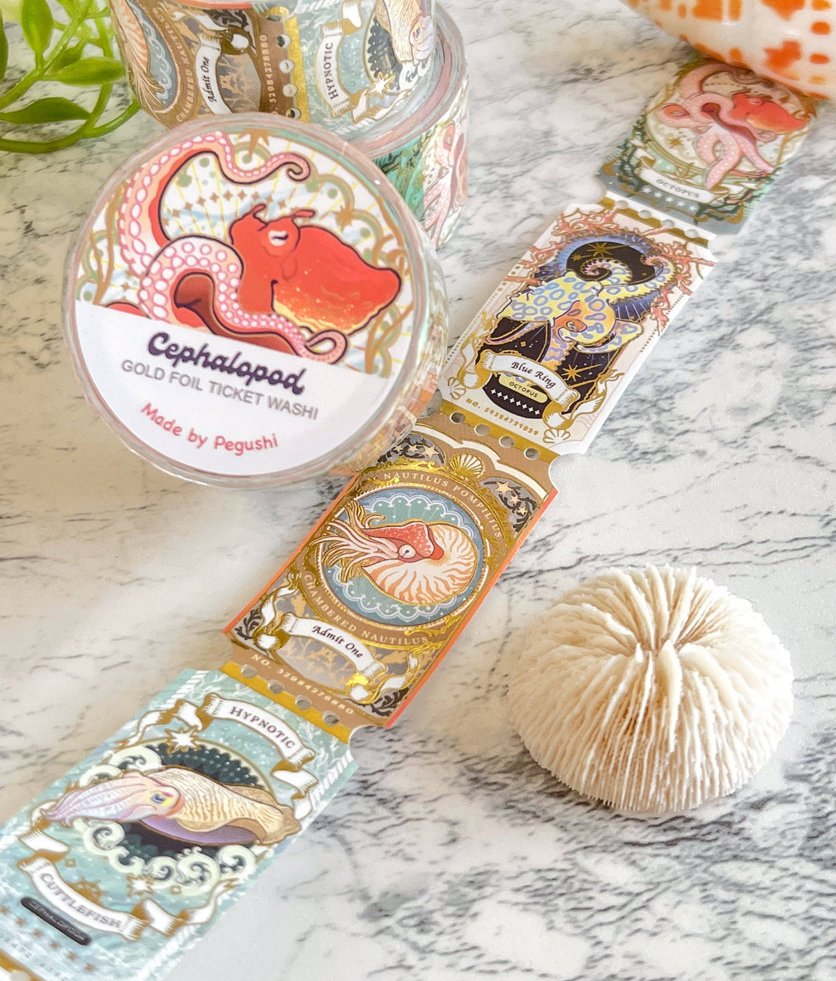 Gold Foil Cephalopod Ticket Washi Tape