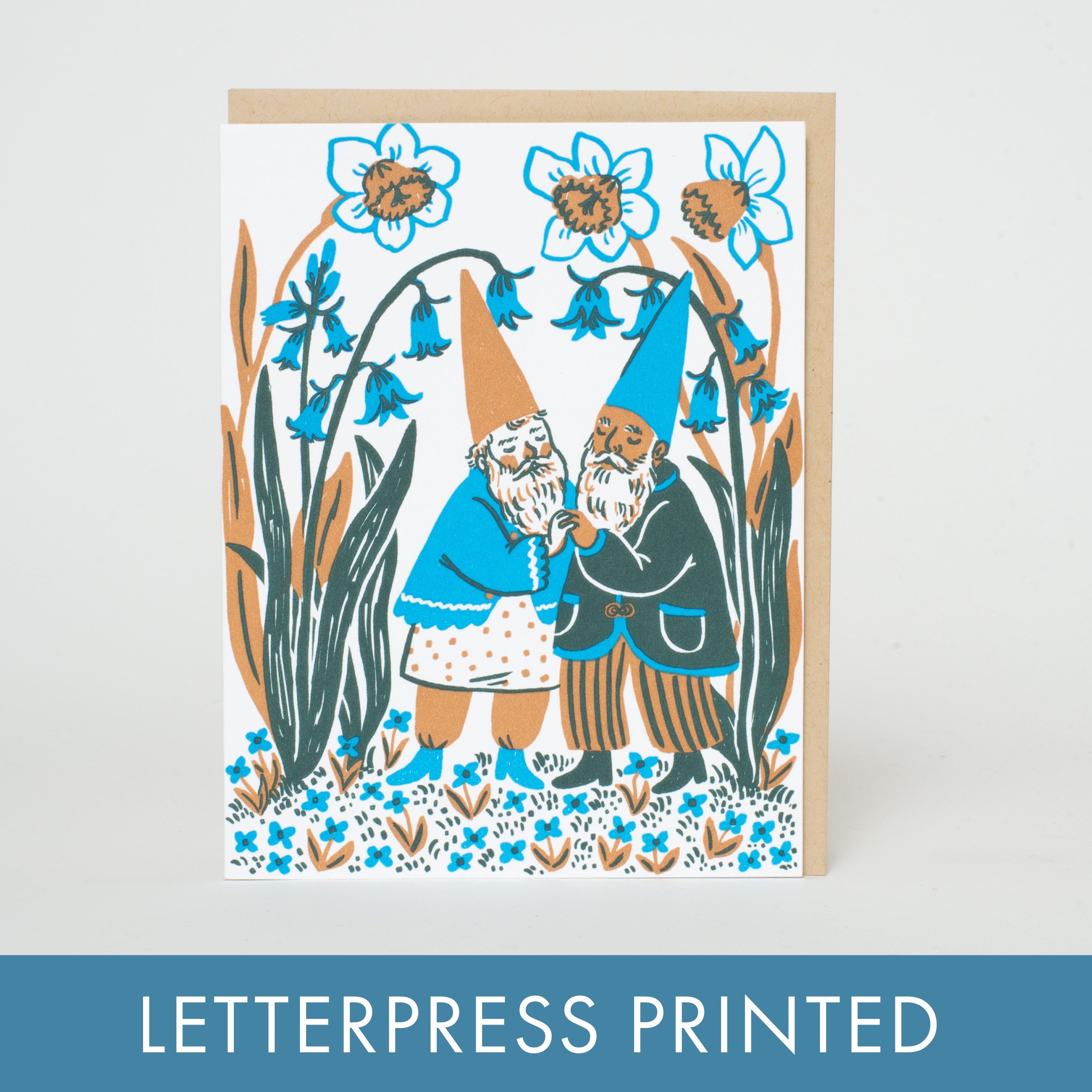 Hugging Bluebells Gnomes Letterpress Card by Phoebe Wahl