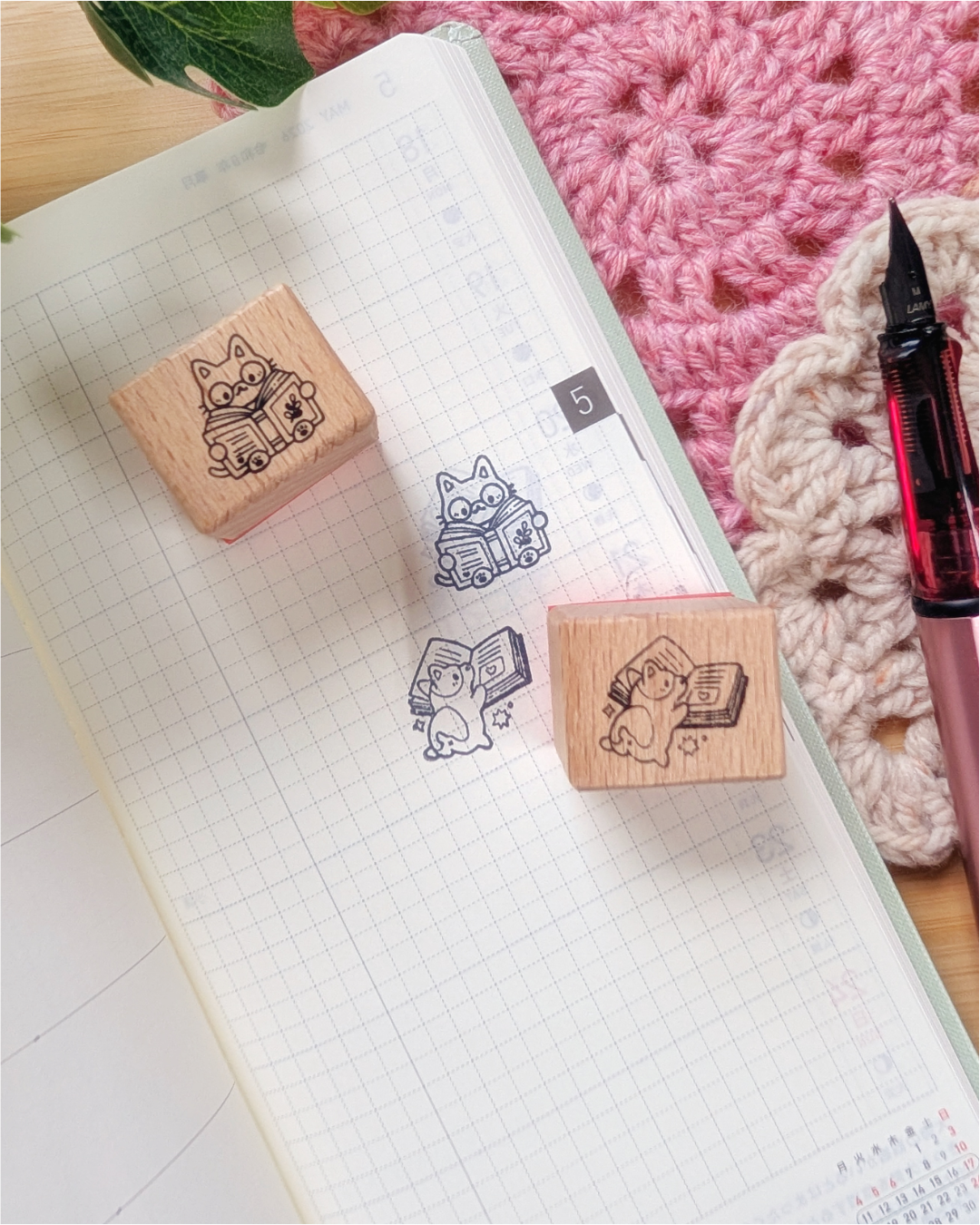 Literary Kitty Small Wood Stamp
