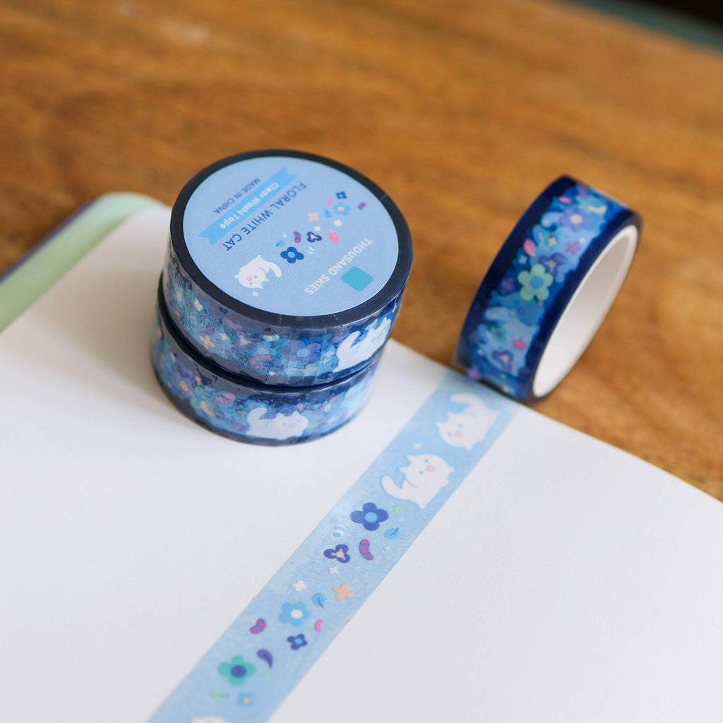 PET Tape - Floral White Cat