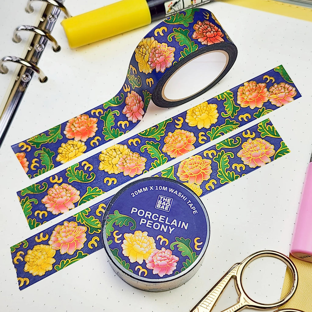 Porcelain Peony Gold Foil Washi Tape